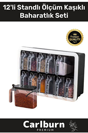 Premium Modern Pratik Bölmeki Şeffaf Mutfak Tezgah 12li Standlı Ölçü Kaşıklı Plastik Baharatlık Seti