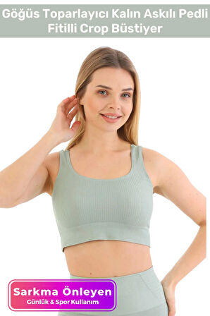 Özel Üretim Göğüs Toparlayıcı Sarkma Önleyen Spor Günlük Kalın Askılı Pedli Fitilli Crop Büstiyer