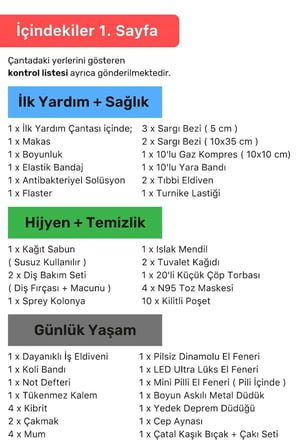 Lüks Premium Solar Paket Tam Kapsamlı Hazır Deprem Yangın Çantası İlk Yardım Acil Durum Yaşam Kiti