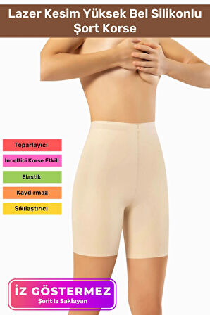 Kaymaz İz Göstermeyen Vücut Şekillendirici Toparlayıcı Lazer Kesim Yüksek Bel Silikonlu Şort Korse