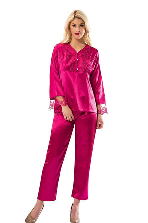 Yeni Sezon Rahat Çeyizlik Kadın Büyüleyici Şık Zarif Fuşya Saten Pijama Takımı