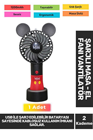 Sessiz 2 Kademeli Hafif Kablosuz 1200mAh Pervaneli Taşınabilir Usb Şarjlı Masa El Fanı Vantilatör