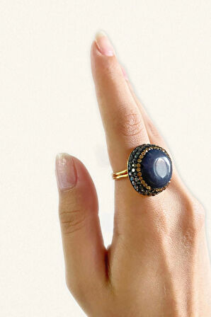 Mead Özel Tasarım Hafif Kararmaz Doğal Taş Detaylı Ayarlanabilir Altın Pirinç Kaplama Kadın Yüzük