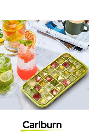 Yeni Nesil Düğmeli Basmalı Çift 32 Yuvalı Buz Küpü Kalıbı Saklama Kutulu