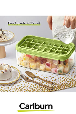 Yeni Nesil Düğmeli Basmalı Çift 32 Yuvalı Buz Küpü Kalıbı Saklama Kutulu