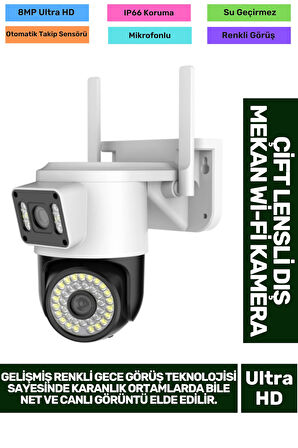 8MP Ultra HD 355° Yatay 90° Dikey Çift Lensli Otomatik Takip Dış Mekan Wi-Fi Mobil İzlenen Kamera