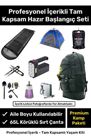 Profesyonel Tam Kapsamlı İçerik Hazır Başlangıç Seti Çadır 65L Körüklü Kamp Sırt Çantası Yaşam Kiti