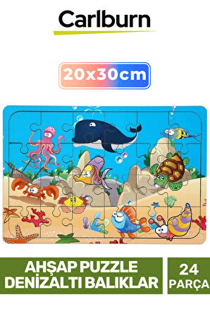 Premium Eğitici Zeka Geliştirici Öğretici Göz Koordinasyonu Ahşap Puzzle Denizaltı Balıklar 24 Parça