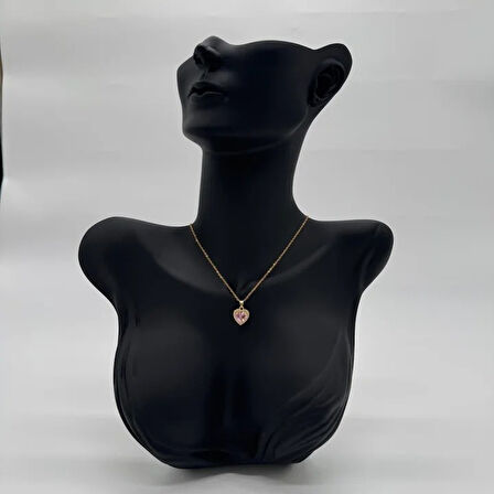 Çelik Pembe Zirkon Taşlı Prenses Model Kalp Kolye  - Gold
