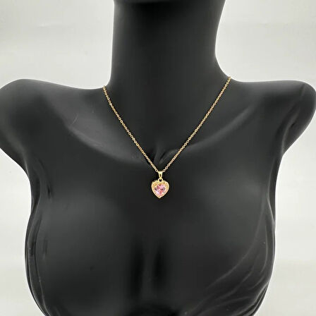 Çelik Pembe Zirkon Taşlı Prenses Model Kalp Kolye  - Gold
