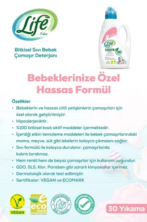 Bitkisel Vegan Sıvı Bebek Çamaşır Deterjanı 1500ml, Hipoalerjenik, Renkli&beyaz, %100 Doğal Temizlik