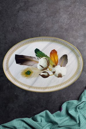 Yaldızlı Lüx Oval Beyaz Tepsi | 38x26 cm | Pamuk Desen Dekoratif Kahve Sunum Tepsisi 