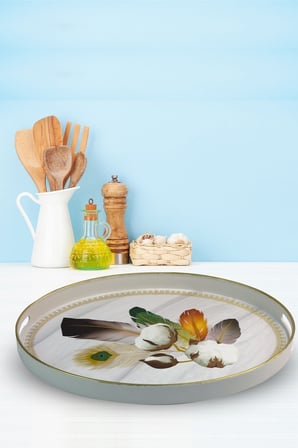 Yaldızlı Lüx Oval Beyaz Tepsi | 38x26 cm | Pamuk Desen Dekoratif Kahve Sunum Tepsisi 