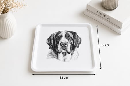 Köpek Desenli Kare Servis Tepsisi 32x32 cm | Dekoratif Sunum Tepsisi | Beyaz Servis Tepsisi