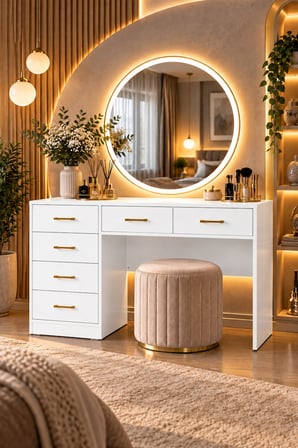 Dokunmatik LED Aydınlatmalı Aynalı Makyaj Masası, Lumera Çekmeceli Şifonyer - Beyaz