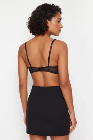 Siyah Dantel Tül Detaylı İp Askılı Kapsız T-Shirt Bra Örme Sütyen