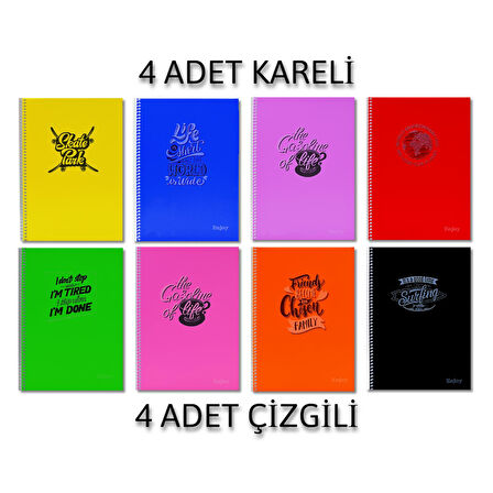 Sim Enjoy A4 120 Yaprak Plastik Kapak Spiralli Defter 4 Kareli + 4 Çizgili