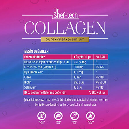 Dr. Shef-Tech Collagen, Kollajen, Hyaluronik Asit, Vitamin Ve Mineral Içeren Toz Takviye Gıda 300 G