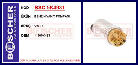 Vag Yakıt Pompası Vw Transporter T5 0.5 Bar 140 L / H - Bsc 5k4931