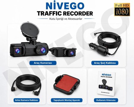 NIVEGO Çift Kameralı Araç İçi Kamera | Full HD 1080P, WiFi, Gece Görüş, 180° Geniş Açı, G-Sensör, 64GB Destekli Dash Cam