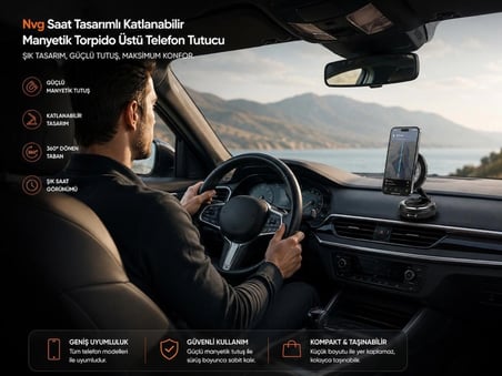 Nvg Saat Tasarımlı Katlanabilir Manyetik Torpido Üstü Telefon Tutucu 360° Dönebilen Araç İçi Telefon Standı