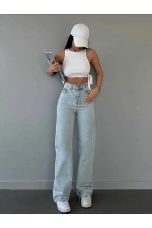 Sara Salaş Kar Yıkama Mavi Kot Palazzo Bol Paça Jeans New