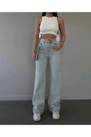 Sara Salaş Kar Yıkama Mavi Kot Palazzo Bol Paça Jeans New