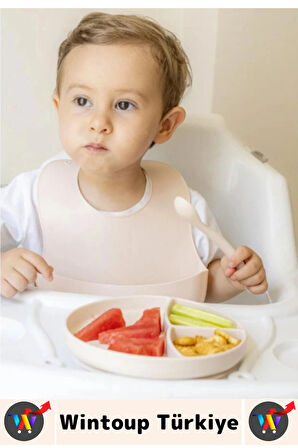 Kaymaz Sağlıklı Önlük Diş Kaşıyıcılı Kaşık Vakumlu Tabak 3 Parça Silikon Bebek Beslenme Seti Krem