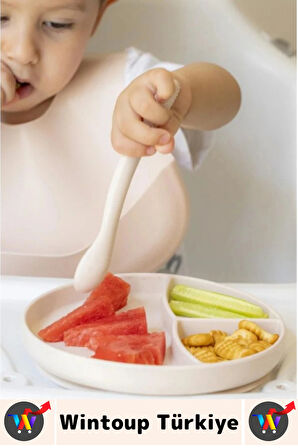 Kaymaz Sağlıklı Önlük Diş Kaşıyıcılı Kaşık Vakumlu Tabak 3 Parça Silikon Bebek Beslenme Seti Krem