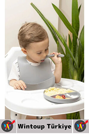 Kaymaz Sağlıklı Önlük Diş Kaşıyıcılı Kaşık Vakumlu Tabak 3 Parça Silikon Bebek Beslenme Seti Gri