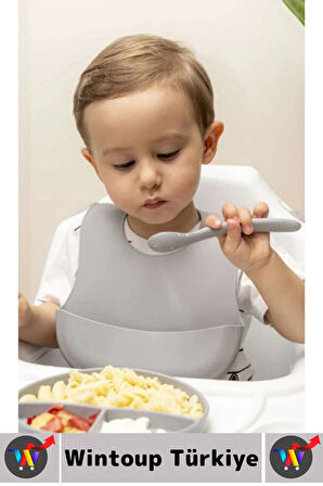 Kaymaz Sağlıklı Önlük Diş Kaşıyıcılı Kaşık Vakumlu Tabak 3 Parça Silikon Bebek Beslenme Seti Gri