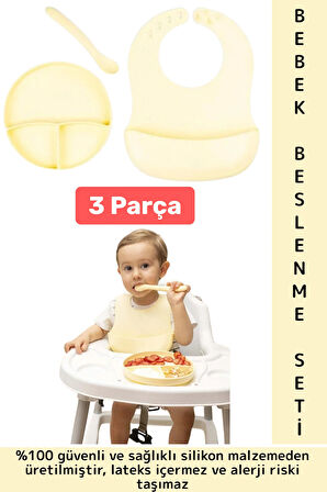 Kaymaz Sağlıklı Önlük Diş Kaşıyıcılı Kaşık Vakumlu Tabak 3 Parça Silikon Bebek Beslenme Seti Sarı