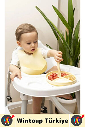 Kaymaz Sağlıklı Önlük Diş Kaşıyıcılı Kaşık Vakumlu Tabak 3 Parça Silikon Bebek Beslenme Seti Sarı