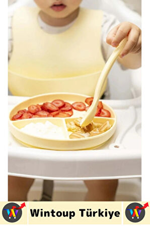 Kaymaz Sağlıklı Önlük Diş Kaşıyıcılı Kaşık Vakumlu Tabak 3 Parça Silikon Bebek Beslenme Seti Sarı