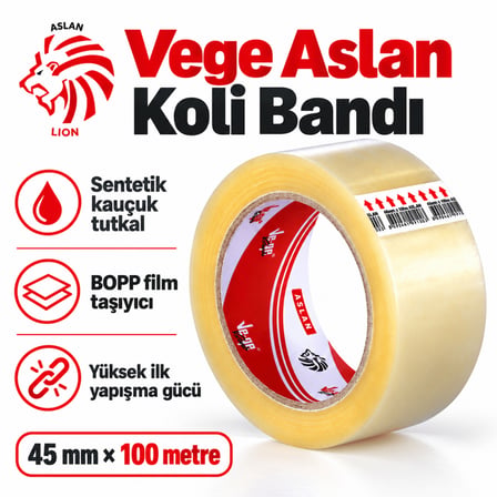 Vege Aslan Koli Bandı 45 mm x 100 mt 12’li Paket – Sentetik Kauçuk Tutkallı