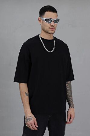 Oversize Siyah Erkek T-shirt %100 Pamuk, Kalın Dokulu