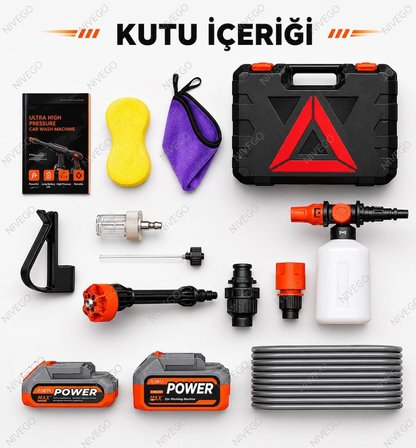 Nvg Yüksek Basınçlı Şarjlı Araç Yıkama Makinesi 260 watt 6 sı 1 Arada 57500mah batarya Köpük Hazneli Mikrofiber Bez Ve Sünger Hediyeli