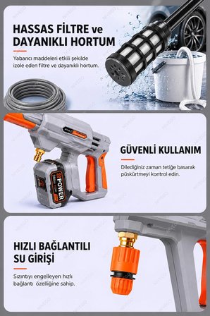 Nvg Yüksek Basınçlı Şarjlı Araç Yıkama Makinesi 260 watt 6 sı 1 Arada 57500mah batarya Köpük Hazneli Mikrofiber Bez Ve Sünger Hediyeli