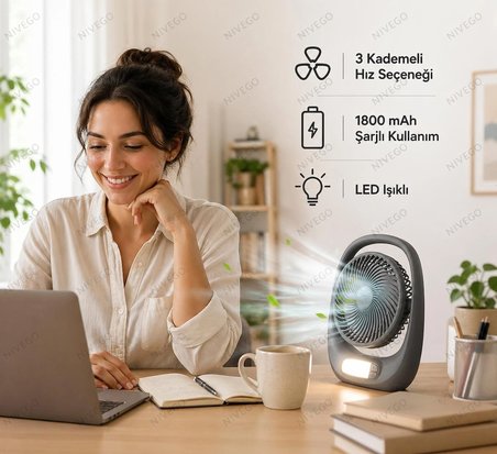 Nivego 3 Kademeli Şarjlı Mini Vantilatör 1800mAh LED Işıklı Taşınabilir Fan Masaüstü Ofis Ev Sessiz Soğutucu