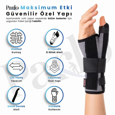 Başparmak Destekli El Bilek Ateli Metal Destekli Ayarlanabilir Ortopedik Bileklik 