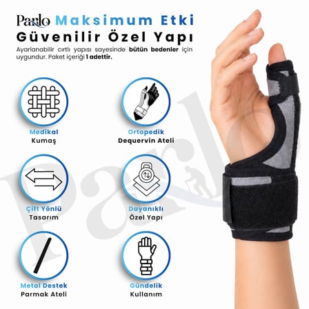 Başparmak Destekli De Quervain Ateli Metal Destekli Ayarlanabilir Başparmak ve El Bileği Ateli