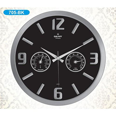 Galaxy 705-BK Termometre ve Baramotre Özellikli Kabartma Rakamlı Ev ve Ofis Duvar Saati 38 cm