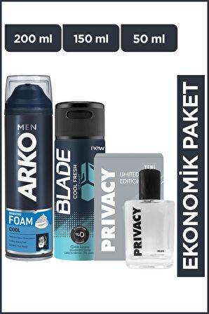 Arko Men Cool Tıraş Köpüğü+Privacy Men Limited Edition Edt Parfüm+Blade Cool Fresh Erkek Deodorant