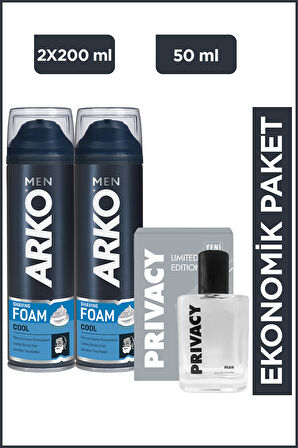 Arko Men Cool Tıraş Köpüğü 2x200 Ml + Privacy Men Limited Edition Edt Parfüm 50 Ml