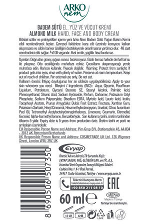 Arko Nem Yoğun Bakım Kremi Badem Sütü 250+60 Ml