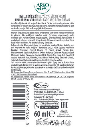 Arko Nem Yoğun Bakım Kremi Hyaluronik Asit 250+60 Ml
