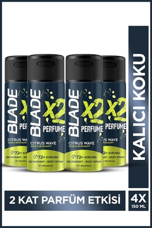 Blade X2 Perfume Citrus Wave Erkek Deodorant Body Spray 4x150 Ml Leke Bırakmaz %0 Alüminyum