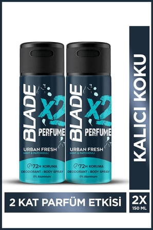 Blade X2 Perfume Urban Fresh Erkek Deodorant Body Spray 2x150 Ml Leke Bırakmaz %0 Alüminyum