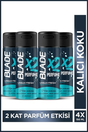 Blade X2 Perfume Urban Fresh Erkek Deodorant Body Spray 4x150 Ml Leke Bırakmaz %0 Alüminyum
