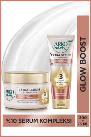 Arko Nem Extra Serum Glow Boost Ton Eşitleyici & Aydınlatıcı Cilt Bakım Kremi Seti Skualen Yağlı 300+75 Ml